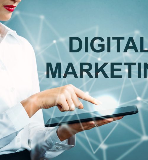 Digital Marketing text with business woman using a tablet